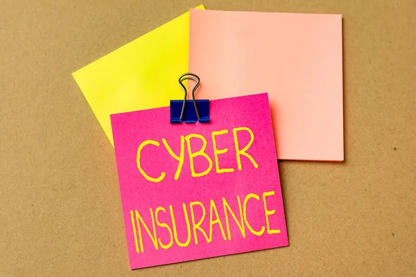 Legenda do texto apresentando Cyber Insurance. Visão geral do negócio proteger os negócios e os usuários de riscos baseados na Internet múltipla coleção sorteada Escritório papelaria foto colocada sobre a mesa — Fotografia de Stock