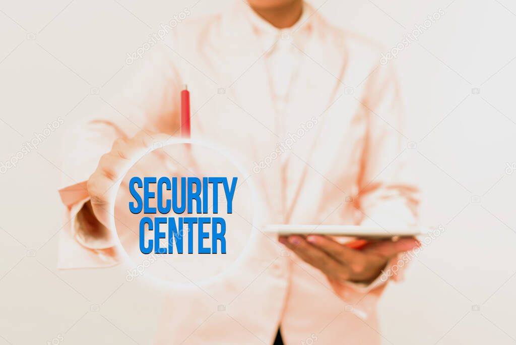 Sign displaying Security Center. Word Written on centralized unit that deals with security issues of company Presenting New Technology Ideas Discussing Technological Improvement