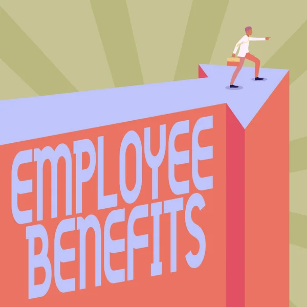Text showing inspiration Employee Benefits. Concept meaning indirect and noncash compensation paid to an employee Man Illustration Carrying Suitcase On Top Of Arrow Showing New Phase Targets.