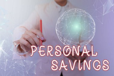 Kişisel Tasarruf metinleri gösteriliyor. Para için bir kişi bir banka hesabında tutar ya da Kadın Takım Elbiseli Holografik Ekran Tableti gibi.