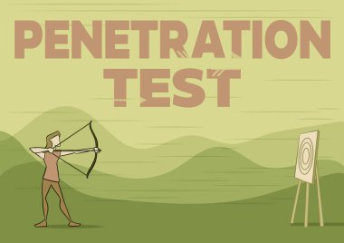 İlham Sızma Testi 'ni gösteren metin. İnternet Konsepti, bir bilgisayar sistemine siber saldırı düzenleme yetkisi verdi. Lady Archer Illustration Holding Bow hedef alıyor..