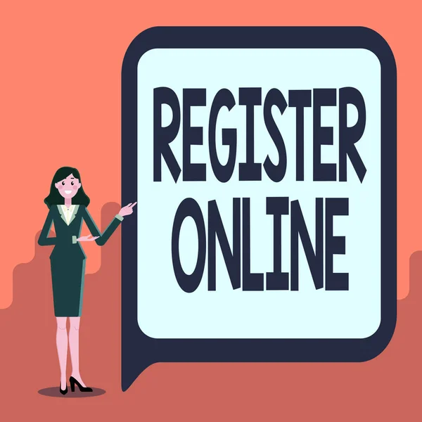 Текстовая подпись представляет Register Online. Система бизнес-подхода для подписки или регистрации через Интернет с отображением важной информации, презентацией новых идей — стоковое фото