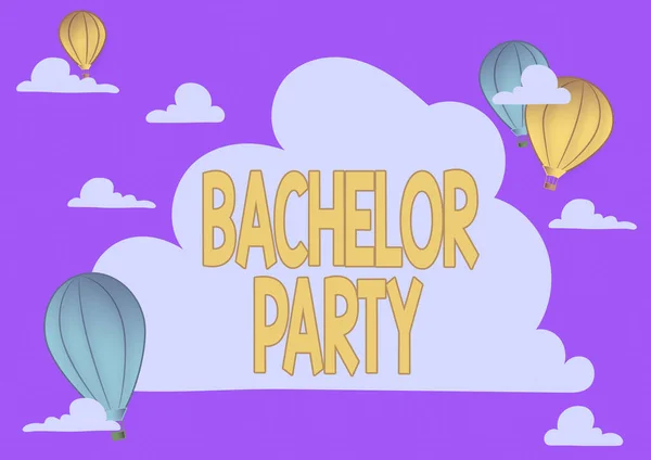 Text caption presenting Bachelor Party. Word for a party given for a man who is about to get married Hotair Balloon Illustration Flying Clouds Reaching New Destinations — Stock Photo, Image