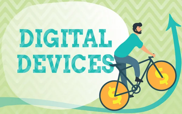 Hand writing sign Digital Devices. Business idea physical unit of equipment that contains a microcontroller Man Drawing Riding Bicycle With Dollar Sign Wheels Going Upward. — Stock Photo, Image