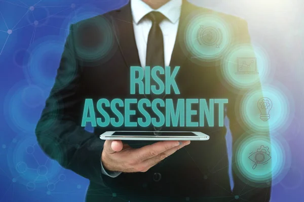 Conceptual display Risk Assessment. Concept meaning estimation of the levels of risks involved in a situation Man In Office Uniform Holding Tablet Displaying New Modern Technology. — Stock Photo, Image