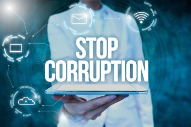 Yolsuzluğu Durdurun ilhamını gösteren bir mesaj. İnternet Konsepti, Sanal Modern Teknoloji 'yi sunan Bayan Üniformalı Ayakta Tutan El Üniforması için verilen yetkinin kötüye kullanılmasına son verdi.