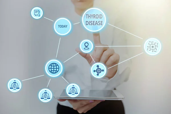 Sign displaying Thyroid Disease. Concept meaning the thyroid gland fails to produce enough hormones Lady Holding Tablet Pressing On Virtual Button Showing Futuristic Tech.