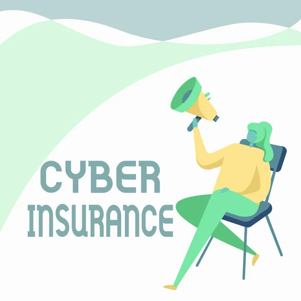 Leyenda conceptual Cyber Insurance. La foto conceptual protege a los negocios y usuarios de los riesgos basados en Internet Dibujo de la mujer Sosteniendo el Megáfono Sentado en una silla Piernas cruzadas. — Foto de Stock