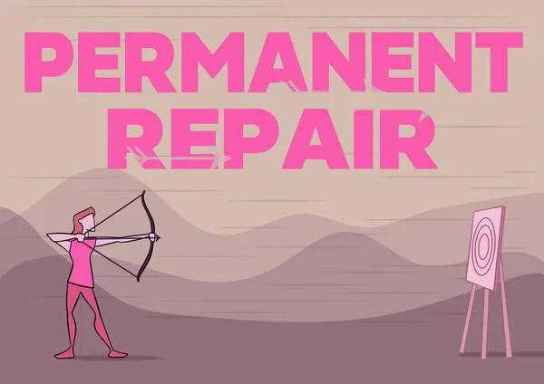 Skriv på för permanent reparation. Affärs showcase En reparation av en tillgång som är bestående och varaktig Lady Archer Illustration Holding Bow Siiming For Target. — Stockfoto