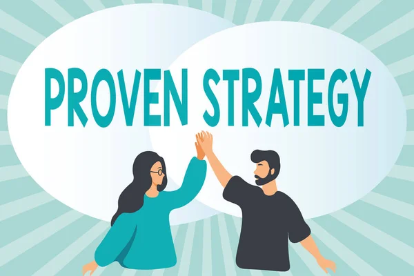 Conceptual display Proven Strategy. Conceptual photo Confirmed approach or practices in generating sales or leads Happy Colleagues Illustration Giving High Fives To Each Other. — Stock Photo, Image