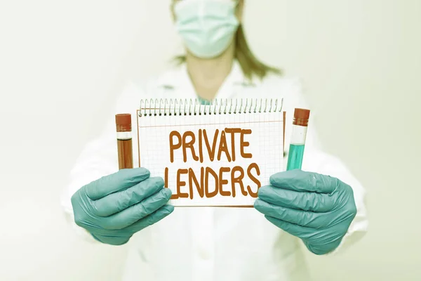 Legenda do texto apresentando Private Lenders. Palavra escrita em uma pessoa ou organização que empresta dinheiro para mostrar Testing medicina e vacina para testes de laboratório de infecção por vírus — Fotografia de Stock