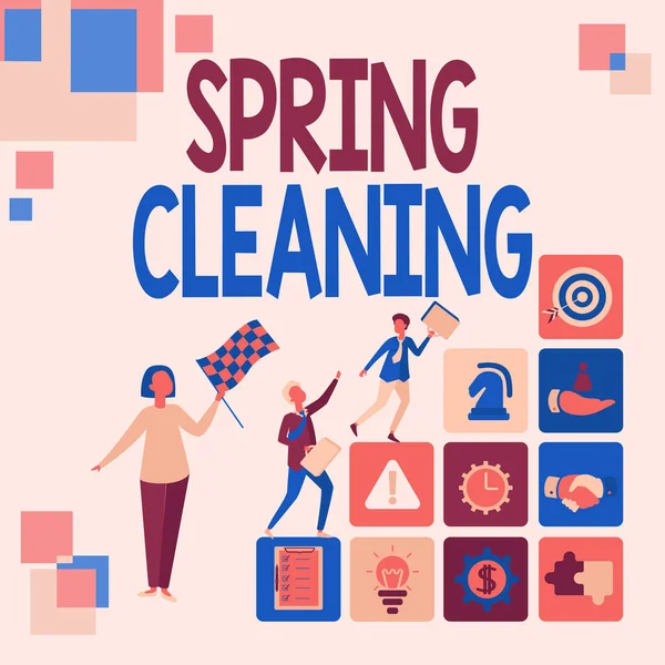 インスピレーションを示すテキスト春のクリーニング。ビジネスでは、春の間に家や部屋を徹底的に掃除します。 — ストック写真