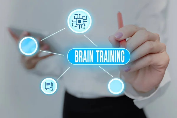 Conceptual caption Brain Training. Business idea mental activities to maintain or improve cognitive abilities Lady In Uniform Standing Holding Tablet Typing Futuristic Technologies.