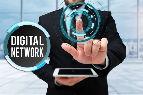 Writing displaying text Digital Network. Business idea network incorporating digital switching and transmission Man In Uniform Standing Holding Tablet Typing Futuristic Technologies. — Stock Photo, Image