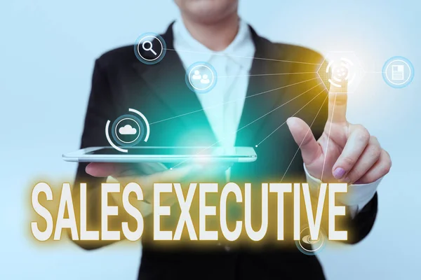 Концептуальний підпис Sales Executive. Концепція бізнесу відповідальна за загальну діяльність продажу компанії Woman In Suit Holding Tablet Pointing Finger On Futuristic Virtual Button . — стокове фото