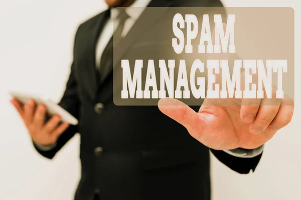 Inspirace ukazuje znamení Spam Management. Word o pomoc snížit nebo filtrovat množství spamu ve vaší schránce Prezentace nových technologií nápady Diskuse o technologickém zlepšení — Stock fotografie