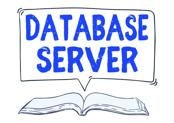 Firma visualizzando Database Server. Business concept utilizza un'applicazione di database che fornisce servizi di database Open Book illustrazione con Speech Bubble Presentare un preventivo Messaggio Notizie. — Foto Stock