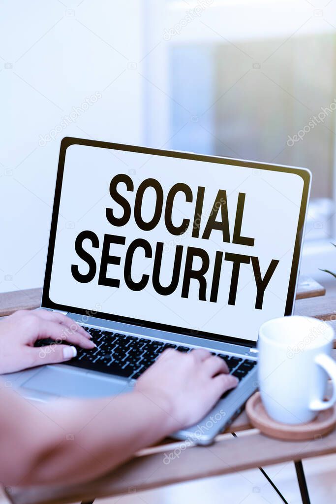 Text caption presenting Social Security. Word Written on government system that provide monetary assistance to showing Online Jobs And Working Remotely Connecting People Together