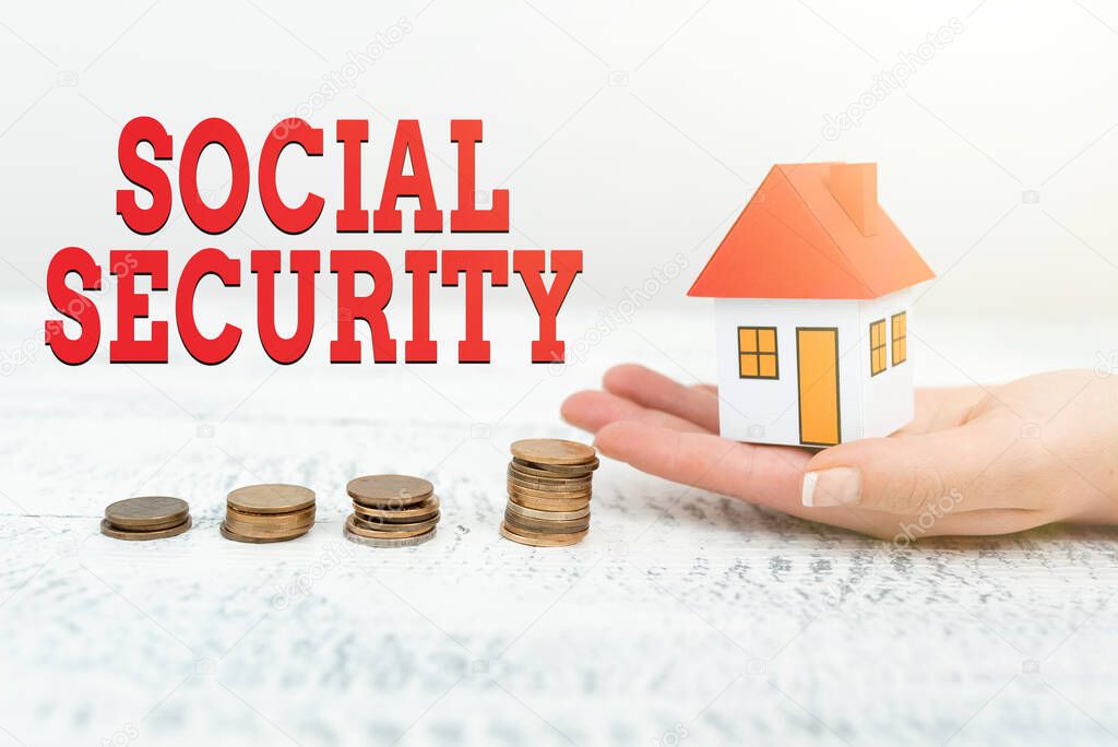 Handwriting text Social Security. Internet Concept government system that provide monetary assistance to showing New home installments and investments plans represeneted by lady