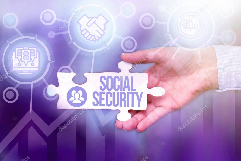 Hand writing sign Social Security. Business approach government system that provide monetary assistance to showing Hand Holding Jigsaw Puzzle Piece Unlocking New Futuristic Technologies.