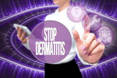 El yazısı işareti Dermatiti Durdur. İş genel bakış Üniformalı Kadın Bekleme Telefonu Sanal Basın Fütüristik Teknolojisi 'ne dokunarak sinir krizine son verdi.