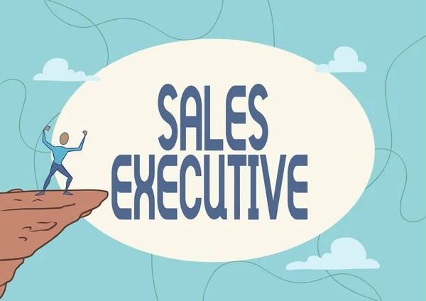 Inspiración mostrando signo ejecutivo de ventas. Word Written on responsible for the overall sales activities of the company Athletic Man illustration Mountain Proud Of Climbing Success To The Clouds Sky. — Foto de Stock