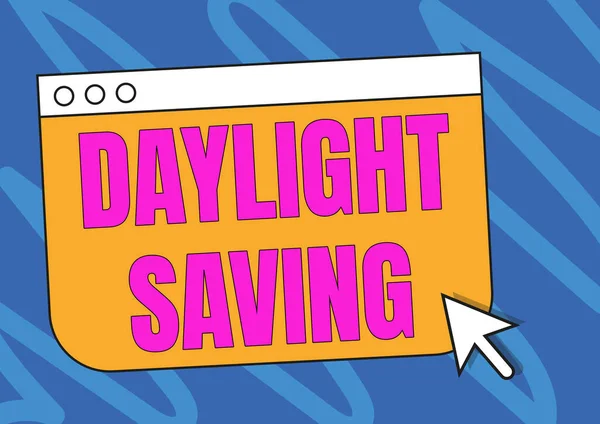 Testo che mostra l'ispirazione Daylight Saving. Parola per girare l'orologio avanti come tempo più caldo si avvicina Colorful Web Page Navigazione Disegno con un puntatore del cursore del mouse qui sotto. — Foto Stock