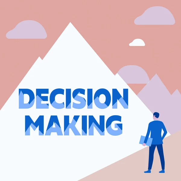 Conceptual display Decision Making. Business overview process of making decisions especially important ones Gentleman In Suit Standing Holding Notebook Facing Tall Mountain Range. — Stock Photo, Image