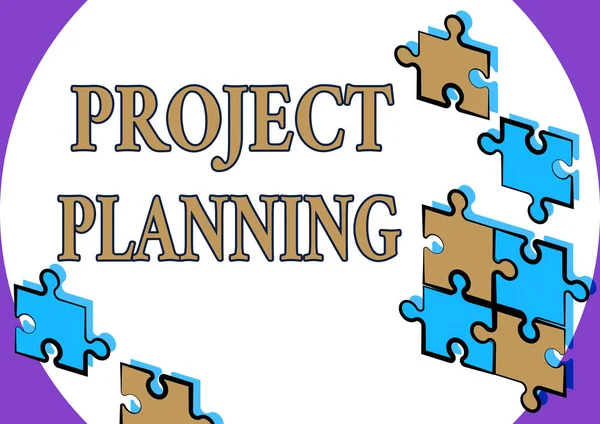 Teken Project Planning. Business approach plan en rapporteer vervolgens de voortgang binnen het project Creating New Computerized Filing System, Filling Online Documentations — Stockfoto