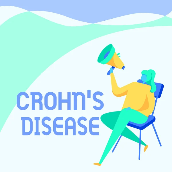 Texto que presenta Crohn S es la enfermedad. Palabra escrita sobre la enfermedad inflamatoria crónica de los intestinos Dibujo de la mujer sosteniendo el megáfono sentado en una silla piernas cruzadas. — Foto de Stock