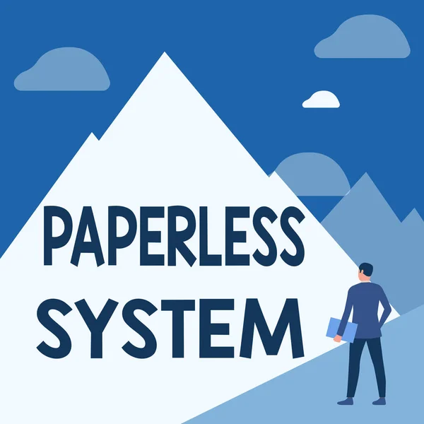 Papírmentes rendszert mutató szöveges jel. Internet Concept tárolása vagy közlése információk elektronikus formában Úriember öltönyben Állandó Holding Notebook Facing Tall Mountain Range. — Stock Fotó