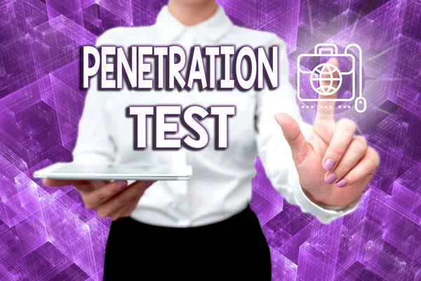 Conceptual display Penetration Test. Word for authorized simulated cyberattack on a computer system Lady In Uniform Holding Phone Virtual Press Button Futuristic Technology. — Stock Photo, Image