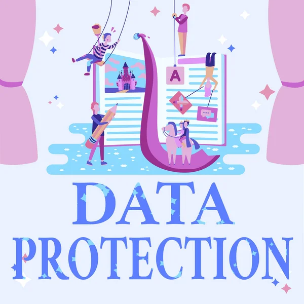 Znak tekstowy pokazujący ochronę danych. Koncepcja oznaczająca prawną kontrolę nad dostępem i wykorzystaniem danych przechowywanych w kodzie programu komputerowego Fixing, aktualizację oprogramowania aplikacji, wyszukiwanie błędów programowania — Zdjęcie stockowe