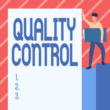 Kavramsal Başlık Kalite Kontrolü. Üretilen ürünlerde standartların korunması üzerine yazılan sözcük Adam Büyük Beyaz Tahta Gösterilirken Büyük Not Defteri Taşıyor.