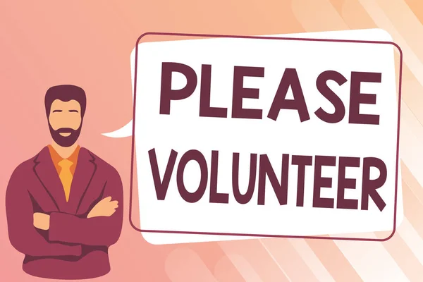サインを示すインスピレーションボランティアをお願いします。自由に何かをするために提供する人を探しているビジネスアイデア男の交差点手イラストスピーチバブルメッセージで立って. — ストック写真