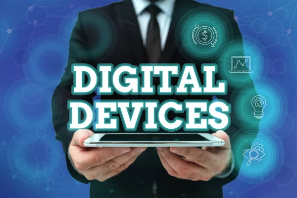 Sign displaying Digital Devices. Business idea physical unit of equipment that contains a microcontroller Man In Office Uniform Holding Tablet Displaying New Modern Technology.