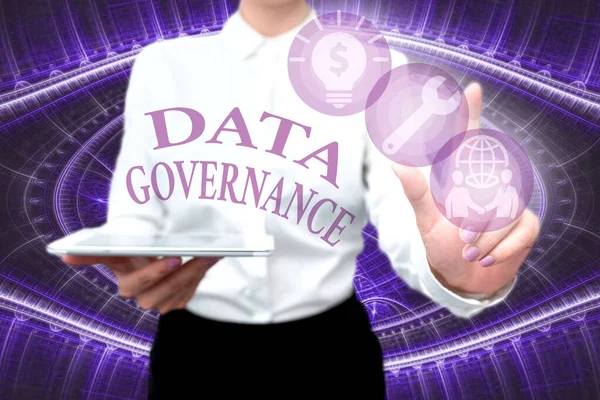 Text showing inspiration Data Governance. Business overview general management of key data resources in a company Lady In Uniform Holding Phone Virtual Press Button Futuristic Technology.