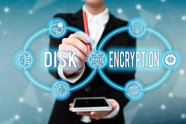 Sign displaying Disk Encryption. Conceptual photo the security mechanism used to protect data at rest Lady In Uniform Holding Tablet In Hand Virtually Typing Futuristic Tech. — Stock Photo, Image
