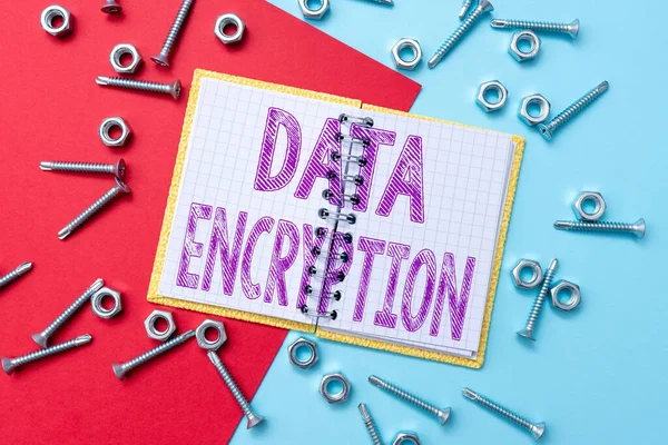 Zeichen, das Datenverschlüsselung anzeigt. Word for Conversion of data in code for compression or security Werkstatt Wartung und Reparatur Mechanische Workspace-Ideen und Designs — Stockfoto