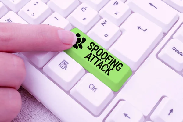 Inspiration showing sign Spoofing Attack. Business approach impersonation of a user, device or client on the Internet Abstract Office Typing Jobs, Typewriting Important Work Reports — Stock Photo, Image