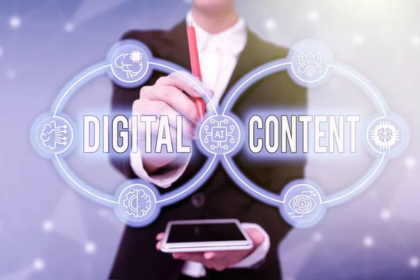 Text sign showing Digital Content. Business approach any content that exists in the form of digital data Lady In Uniform Holding Tablet In Hand Virtually Typing Futuristic Tech. — Stock Photo, Image