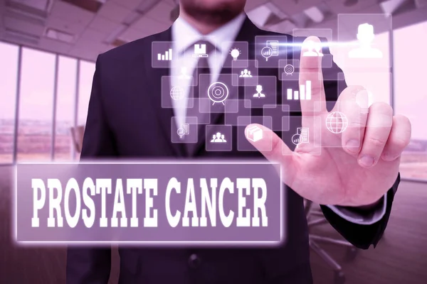 Text caption presenting Prostate Cancer. Business showcase cancer develops in the gland of male reproductive system Man In Office Uniform Standing Pressing Virtual Button Holding Tablet.