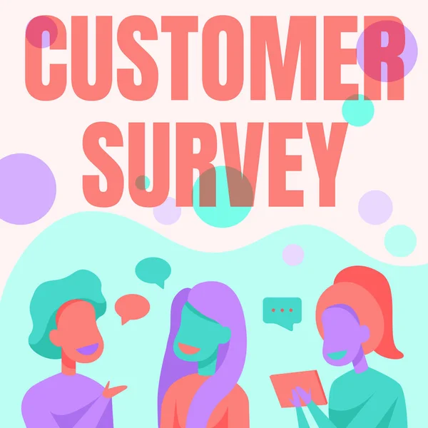 Tekst pokazujący inspirację Customer Survey. Przegląd biznesowy źródło informacji o zadowoleniu konsumentów Happy Friends Talking Do siebie having Fun Conversation. — Zdjęcie stockowe