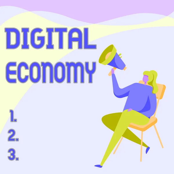 Handschriftliches Zeichen Digitale Wirtschaft. Wort für wirtschaftliche Aktivitäten, die auf digitalen Technologien beruhen Frau mit dem Megafon auf einem Stuhl mit gekreuzten Beinen sitzend. — Stockfoto