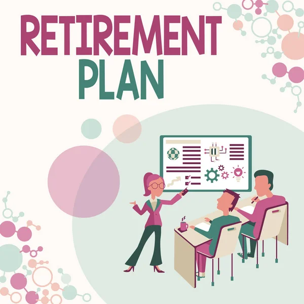 Znak tekstowy pokazujący plan emerytalny. Biznesowy plan odkładania pieniędzy po przejściu na emeryturę Prezentacja koncepcji raportu projektowego, raportowanie statusu przedsiębiorstwa — Zdjęcie stockowe