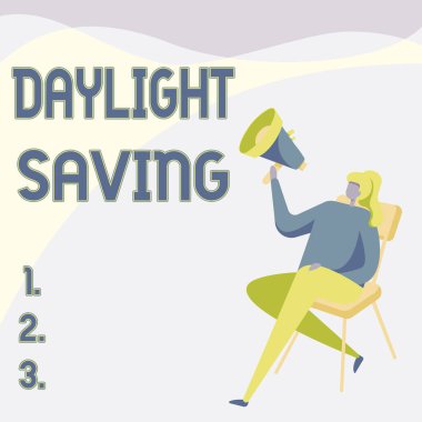 Gün Işığı Tasarruf 'u göster. Ilık hava yaklaşırken, iş vitrini saati öne alıyor. Kadın, Çapraz Bacak Üzerinde Oturarak Megafon Çiziyor..