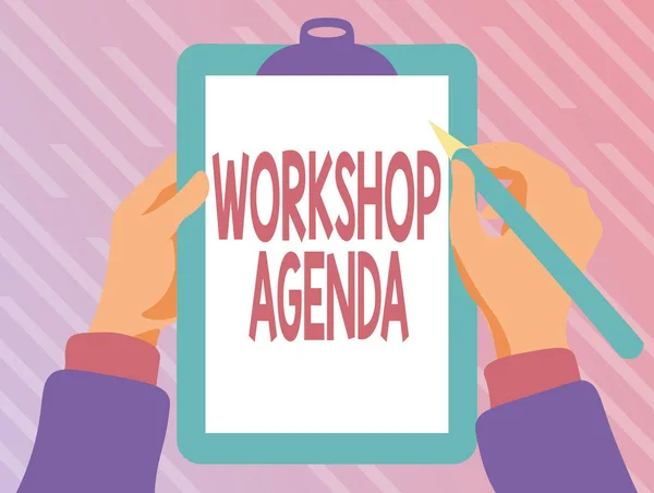 Textskylt som visar Workshop Agenda. Affärsstrategi hjälper dig att se till att din workshop håller tidsschemat Spela tangentbord skriva spel, skapa och bearbeta digitala dokument — Stockfoto