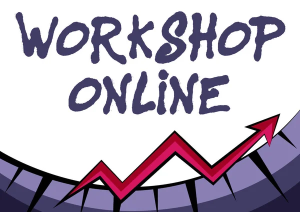 Υπογραφή κειμένου που δείχνει το Workshop Online. Ομάδα επιχειρηματικής ιδέας της συμμετοχής σε εντατική συζήτηση και δραστηριότητα Αφηρημένη γραφική παράσταση Παρουσιάζοντας την πρόοδο, την πρόοδο και τη βελτίωση της έννοιας — Φωτογραφία Αρχείου