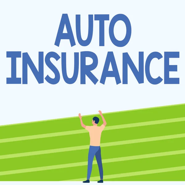 Conceptual display Auto Insurance. Business approach mitigate costs associated with getting into an auto accident Athletic Man Standing On Track Field Raising Both Hand Showing Celebration. — Stock Photo, Image