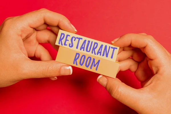 Tekst met inspiratie Restaurant Room. Zakelijk idee laat zien betalen om te zitten en eten maaltijden die worden gekookt en geserveerd Tekenen Creatieve ontwerpen Het nemen van belangrijke notities Planning van nieuwe ideeën — Stockfoto